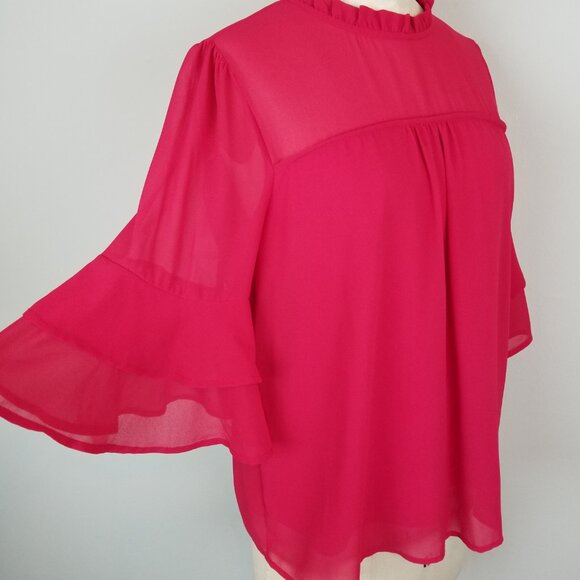 Monteau Red Blouse with Flared Ruffled 3/4 Sleeves & Collar Women's Size Large - Picture 8 of 9